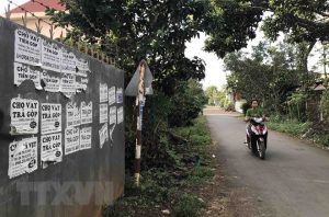 Quảng cáo cho vay lãi suất thấp được dán chằng chịt trên tường bêtông, các khu dân cư, phường Tân An, thành phố Buôn Ma Thuột, Đắk Lắk